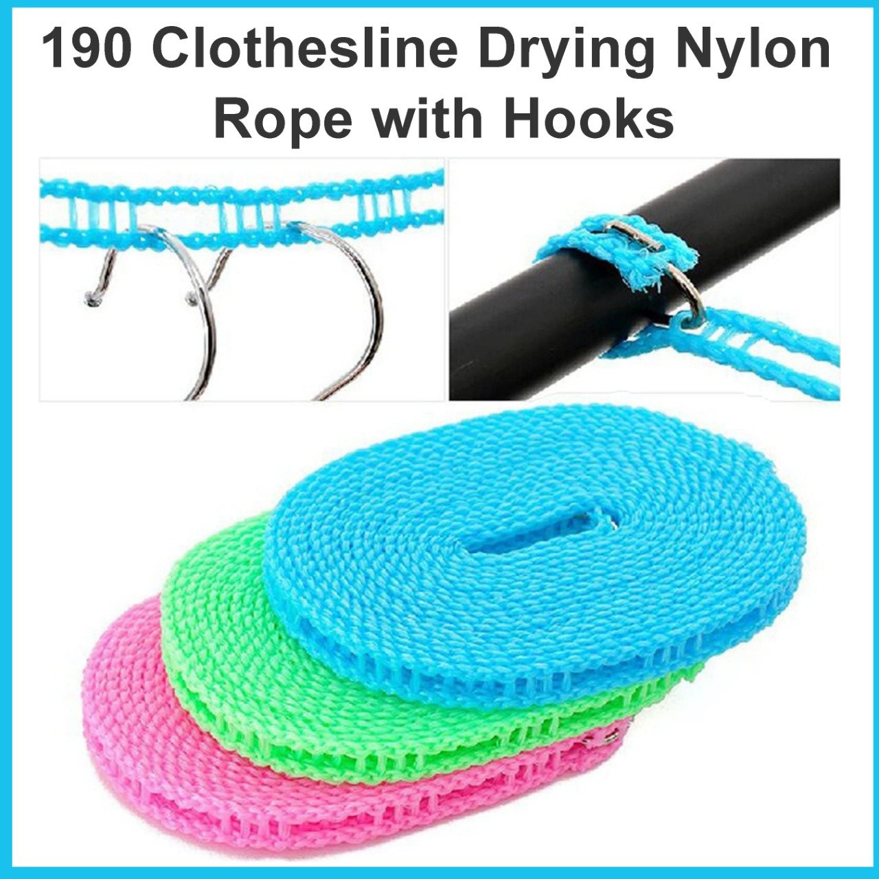 Nylon Clothesline – 5m Windproof Rope with Hooks