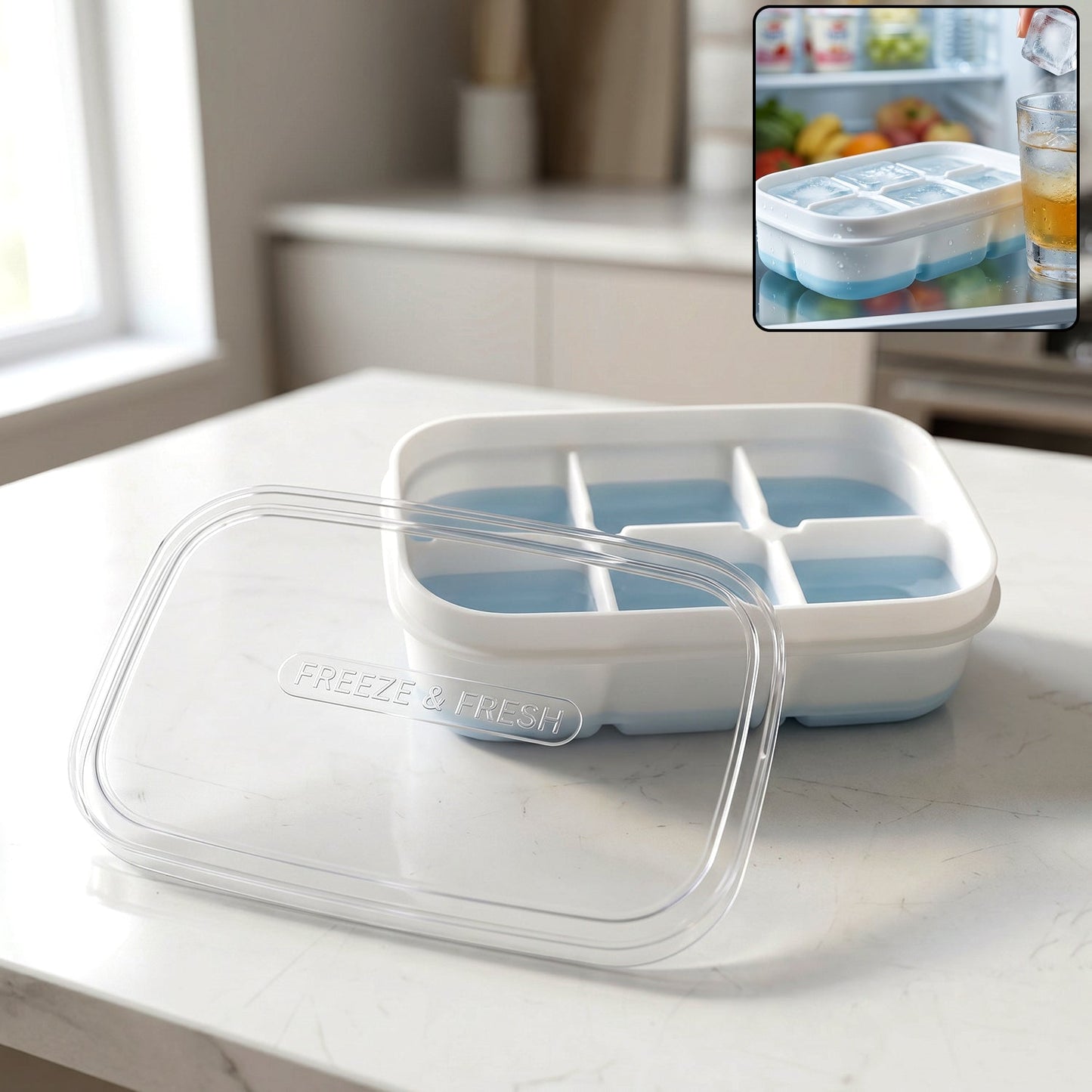 Mini plastic ice cube tray with six cavities and a clear lid for easy freezing.