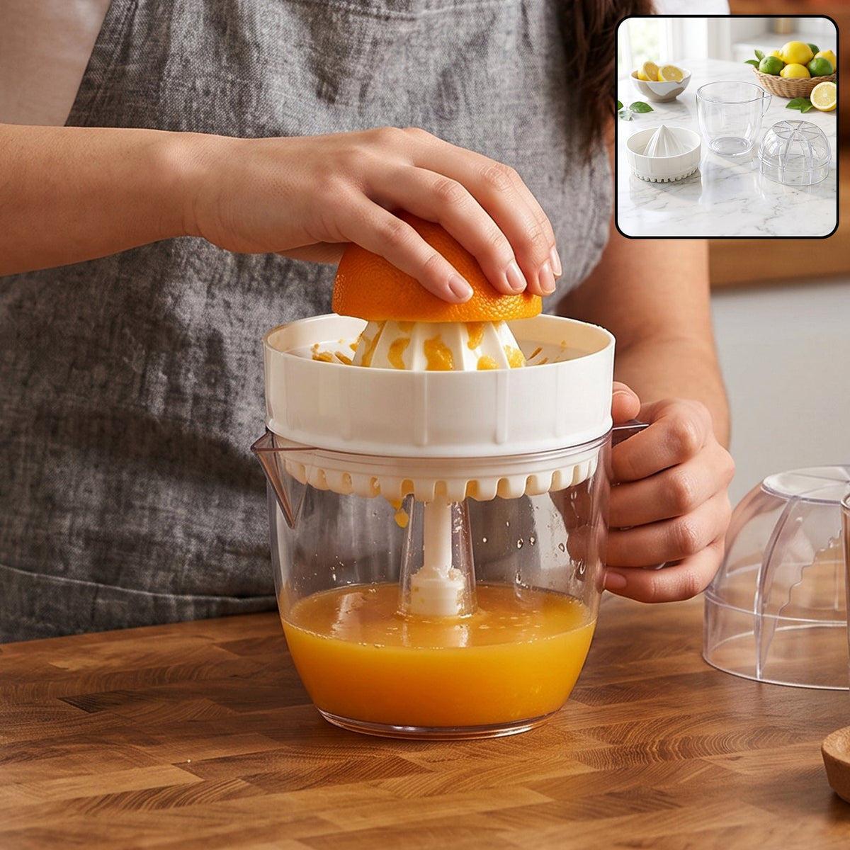 A person's hands squeezing an orange half onto a white plastic reamer, collecting juice in a clear cup.