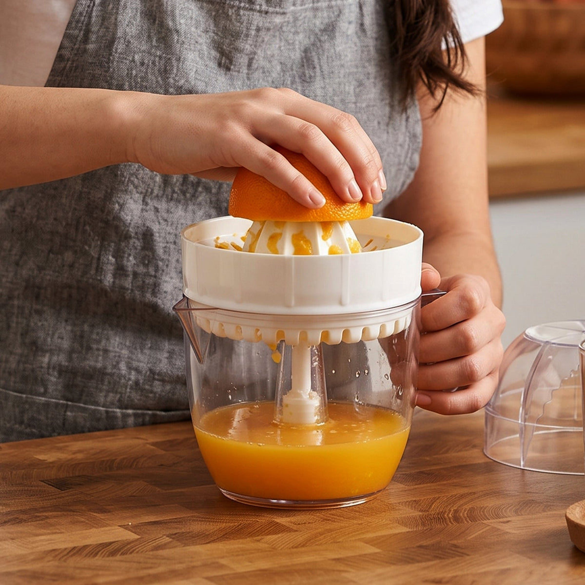A person's hands squeezing an orange half onto a white plastic reamer, collecting juice in a clear cup, on a wooden surface.