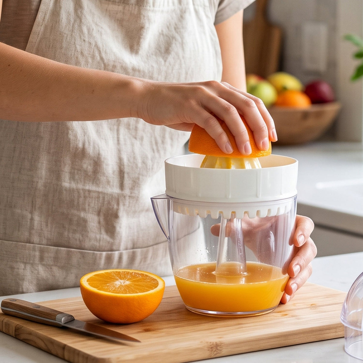 A person squeezing an orange half into a clear plastic juicer, with a knife and another orange half on a cutting board.