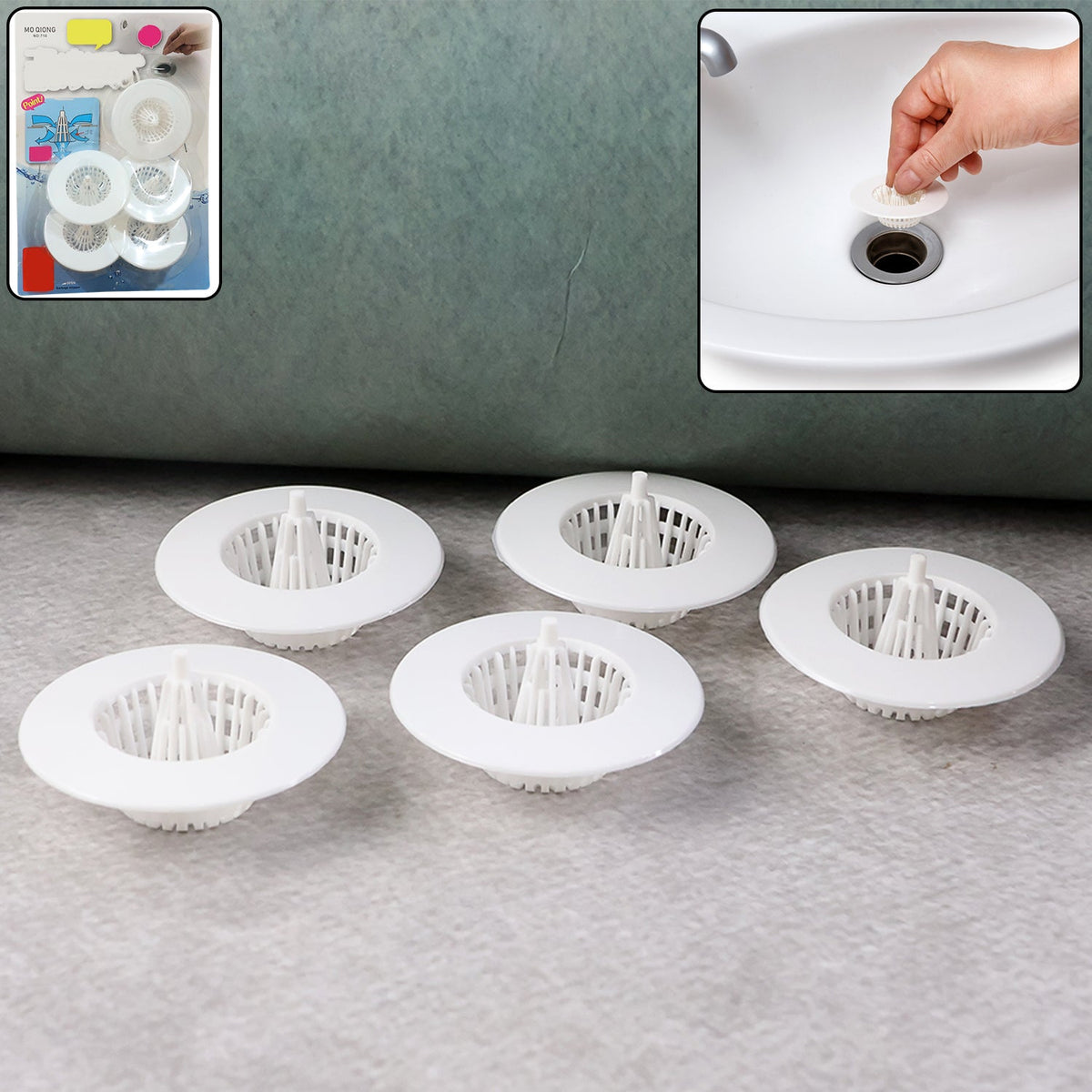 Five white plastic sink drain strainers are on a gray surface, with a product packaging inset and a sink use inset