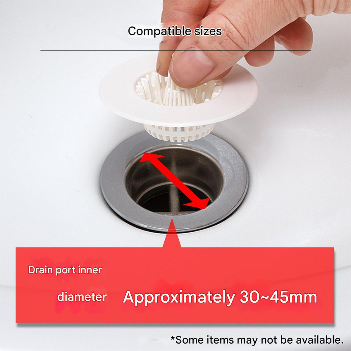 A hand inserts a white strainer into a sink drain, with red arrows indicating a compatible inner diameter of 30-45mm.