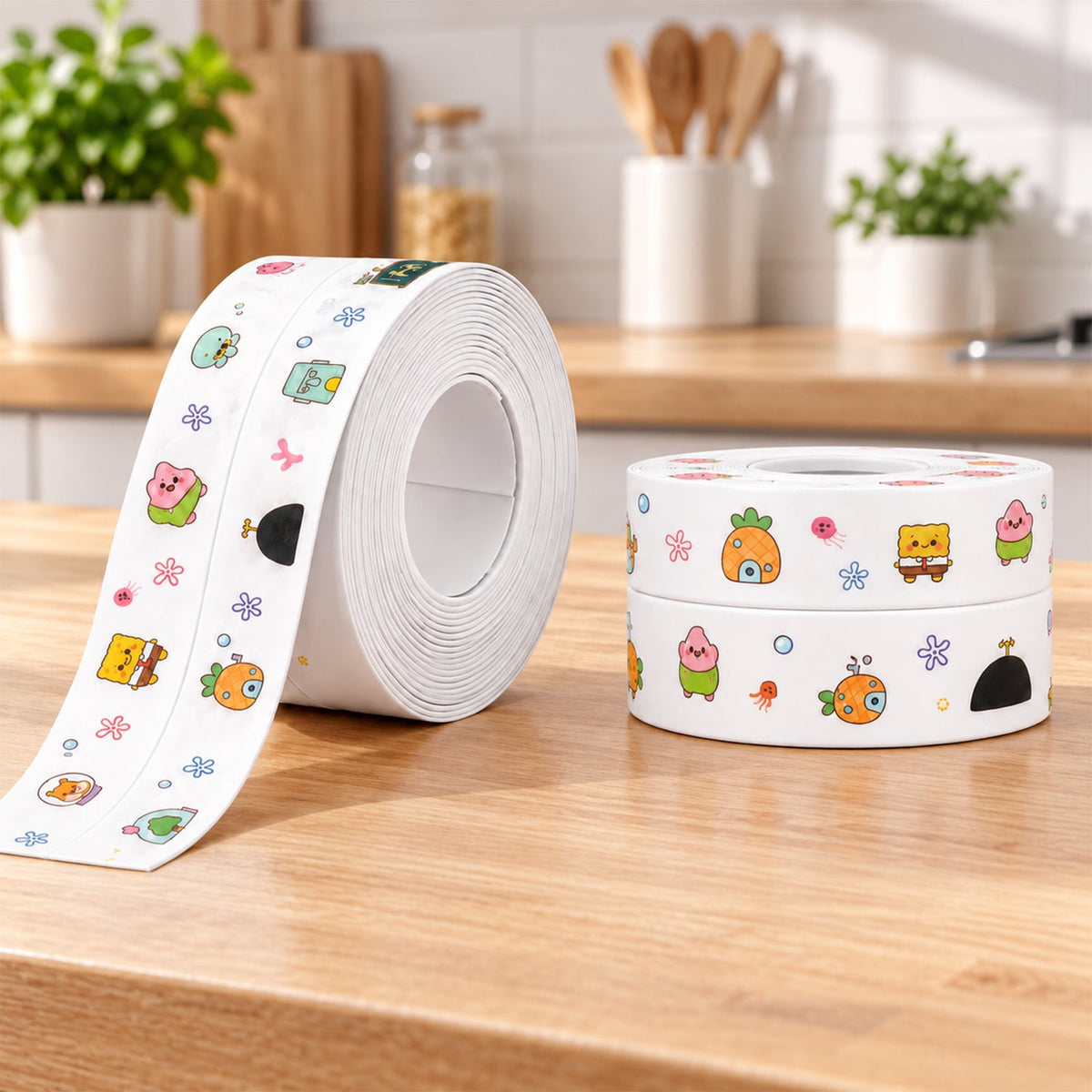 A roll of white sealing tape with colorful cartoon characters sits next to two smaller stacked rolls on a wooden counter.