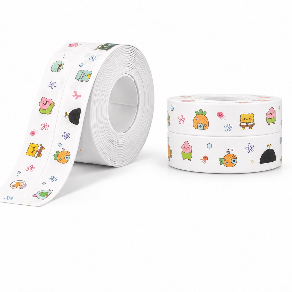 A large roll of white cartoon-printed sealing tape is shown next to two smaller stacked rolls on a white background.
