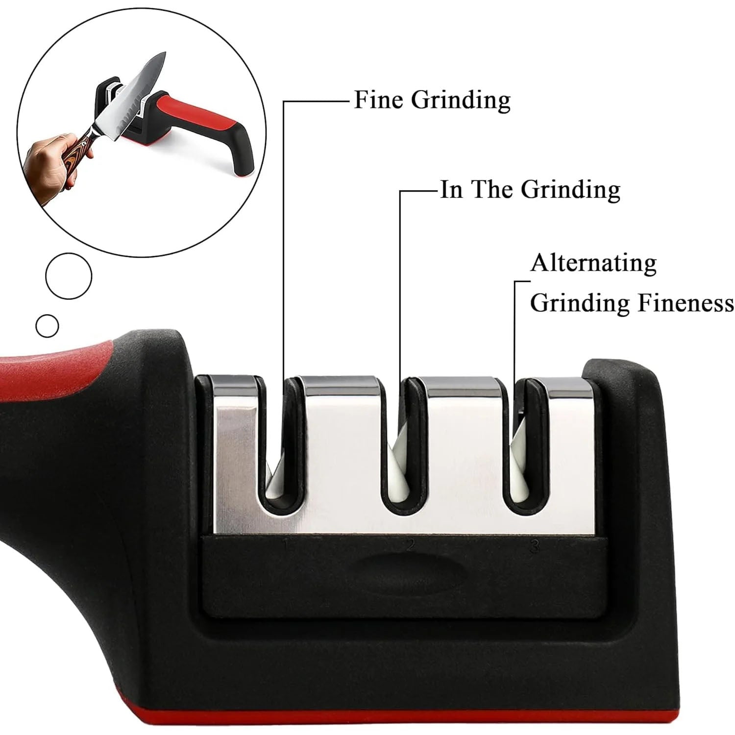 Close-up of the three sharpening slots for steel and ceramic blades.