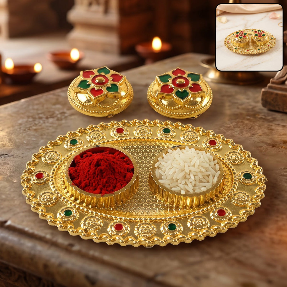 Oval Golden Kankavati Kumkum Holder with Meena Work Border - view 2