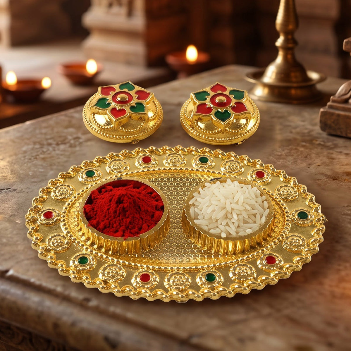 Oval Golden Kankavati Kumkum Holder with Meena Work Border - view 3