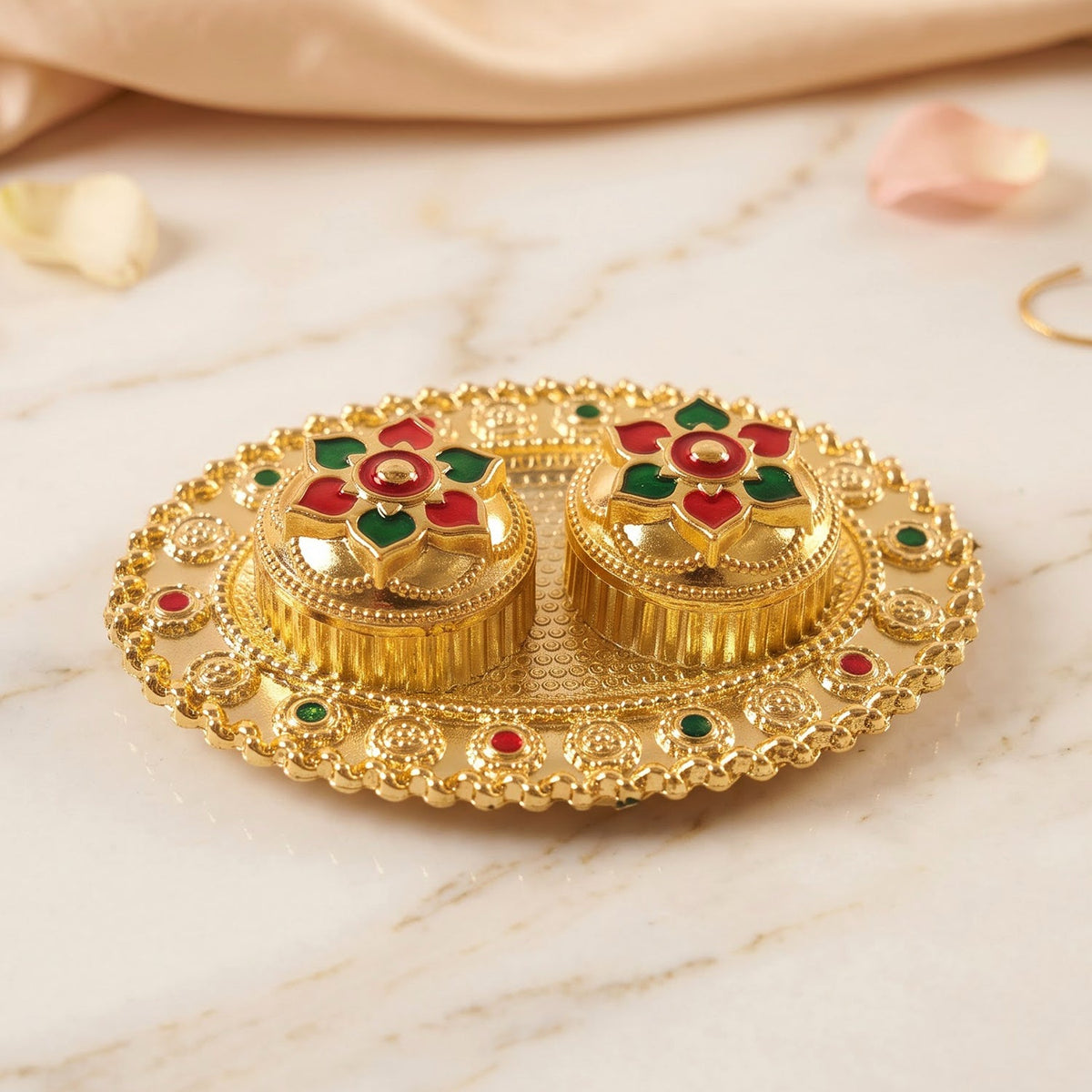 Oval Golden Kankavati Kumkum Holder with Meena Work Border - view 4