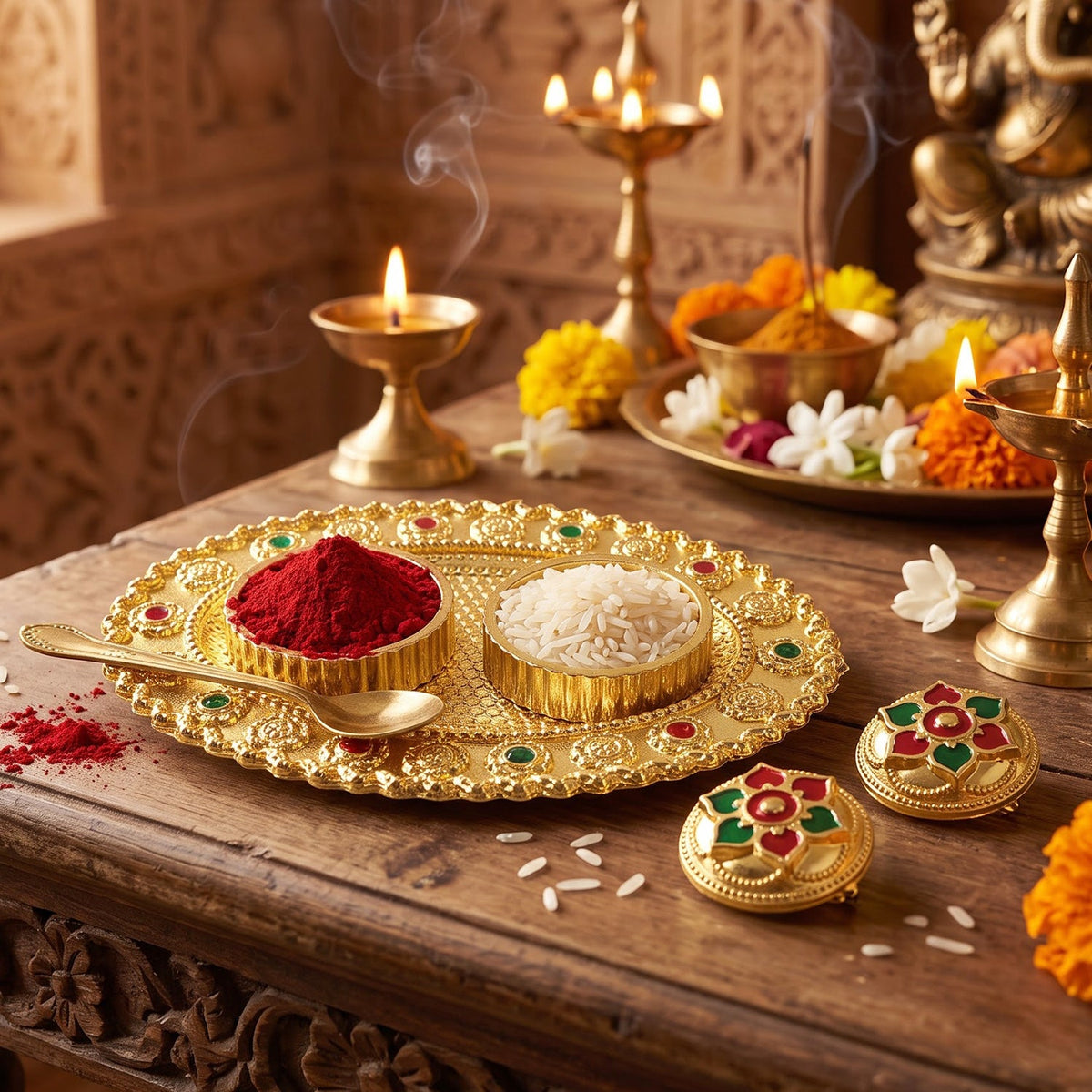 Oval Golden Kankavati Kumkum Holder with Meena Work Border - view 7