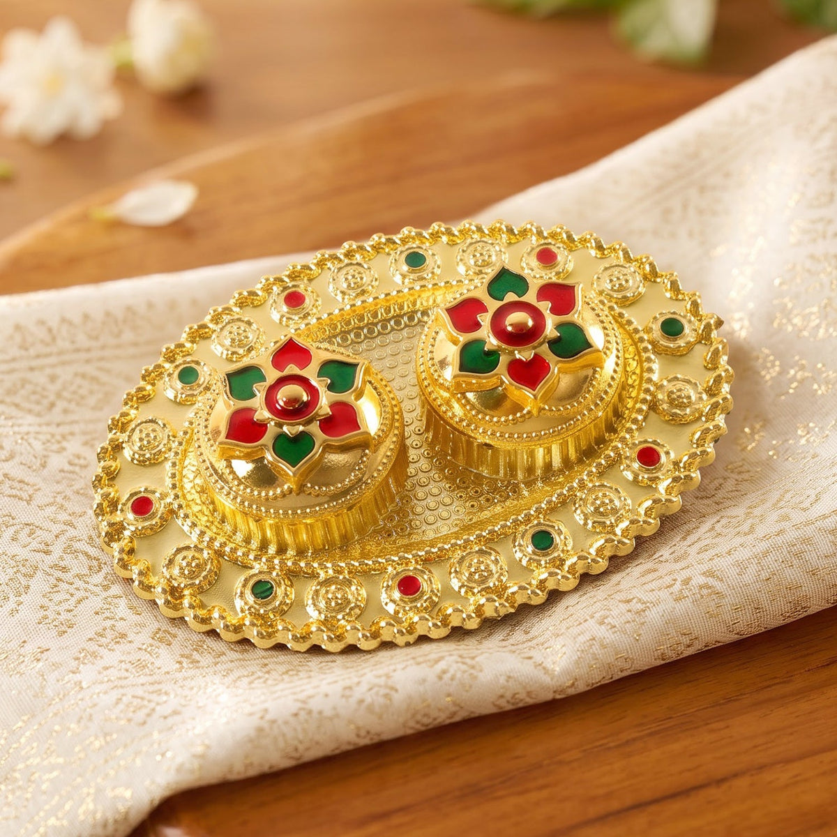 Oval Golden Kankavati Kumkum Holder with Meena Work Border - view 8