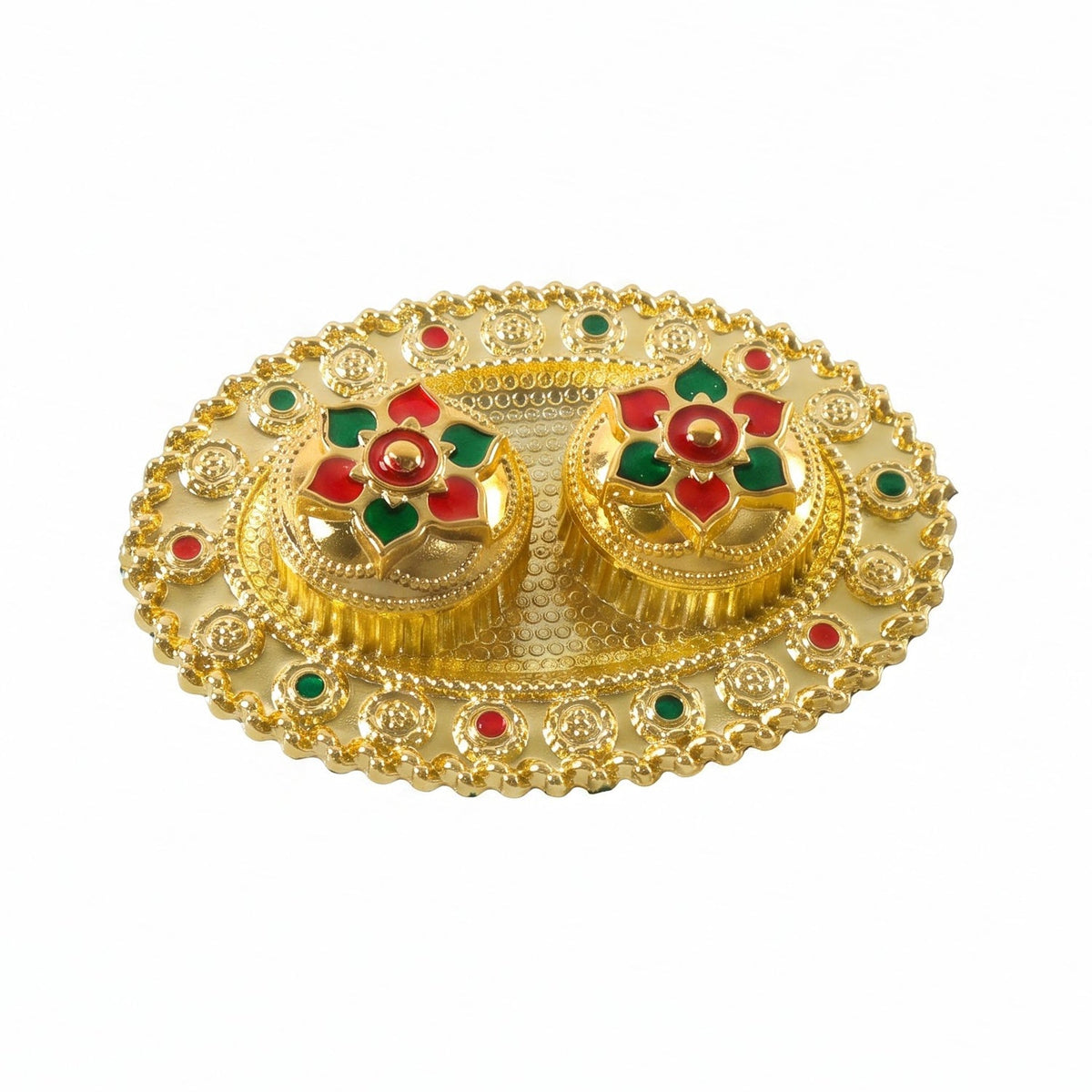Oval Golden Kankavati Kumkum Holder with Meena Work Border - view 5