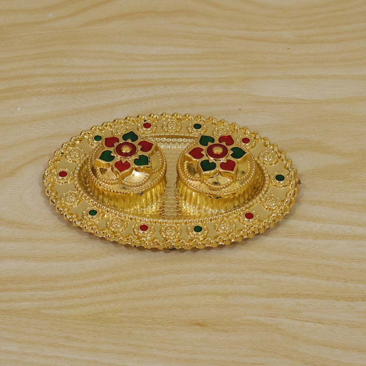 Oval Golden Kankavati Kumkum Holder with Meena Work Border - view 9