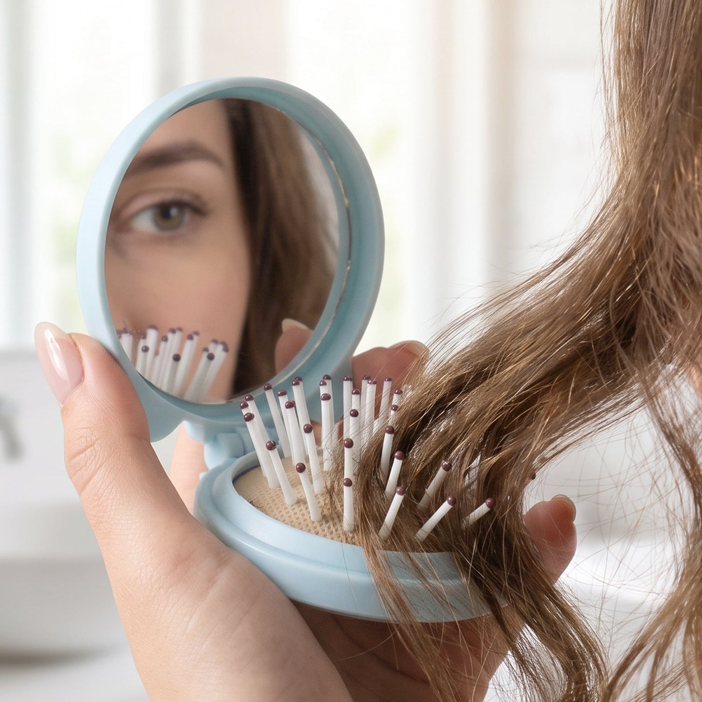 2 in 1 Folding Hair Brush with Mirror Compact Pop Up for Travel (1 Pc)