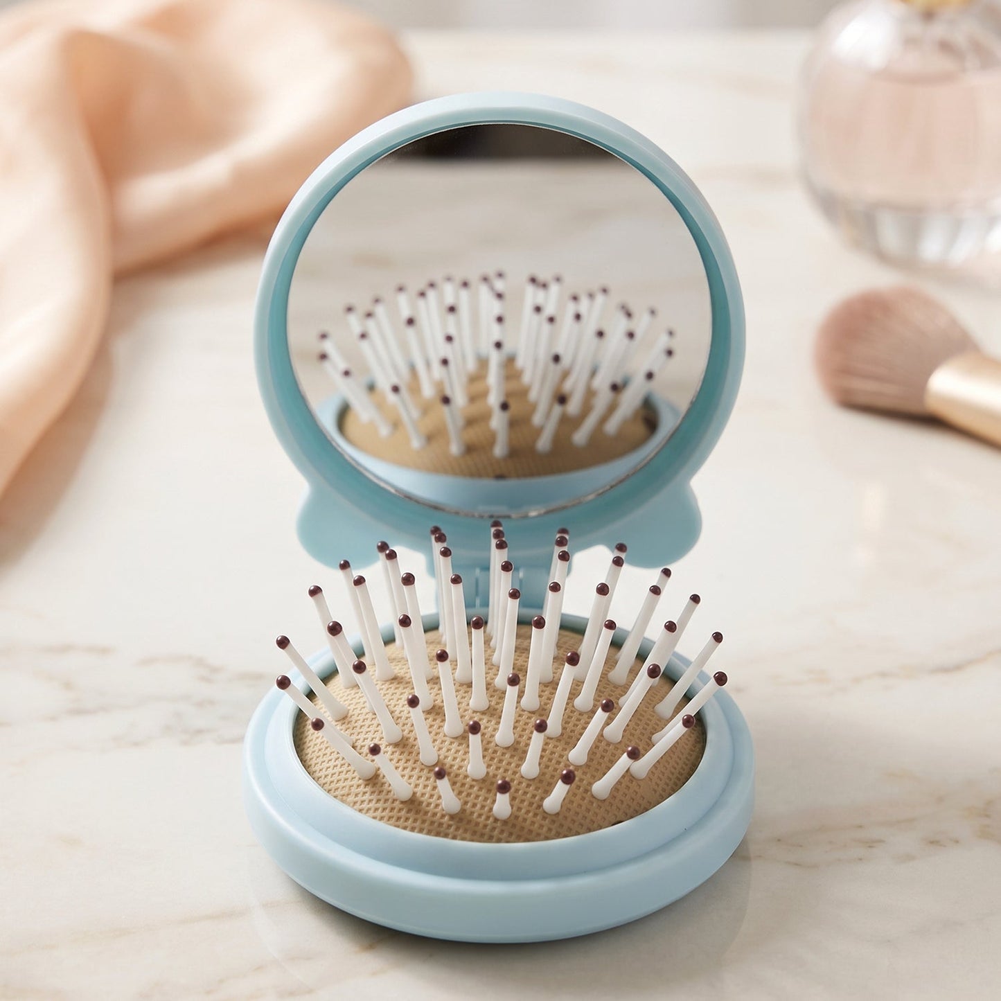 2 in 1 Folding Hair Brush with Mirror Compact Pop Up for Travel (1 Pc)