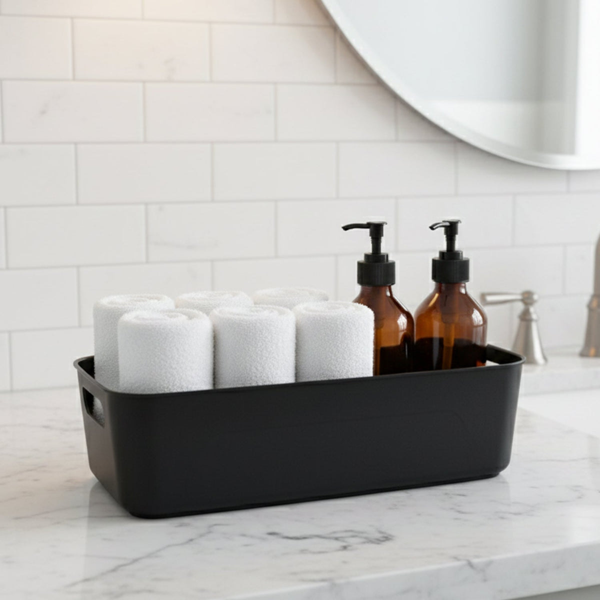 All-in-One Black Plastic Storage Basket Tray – 4-Piece