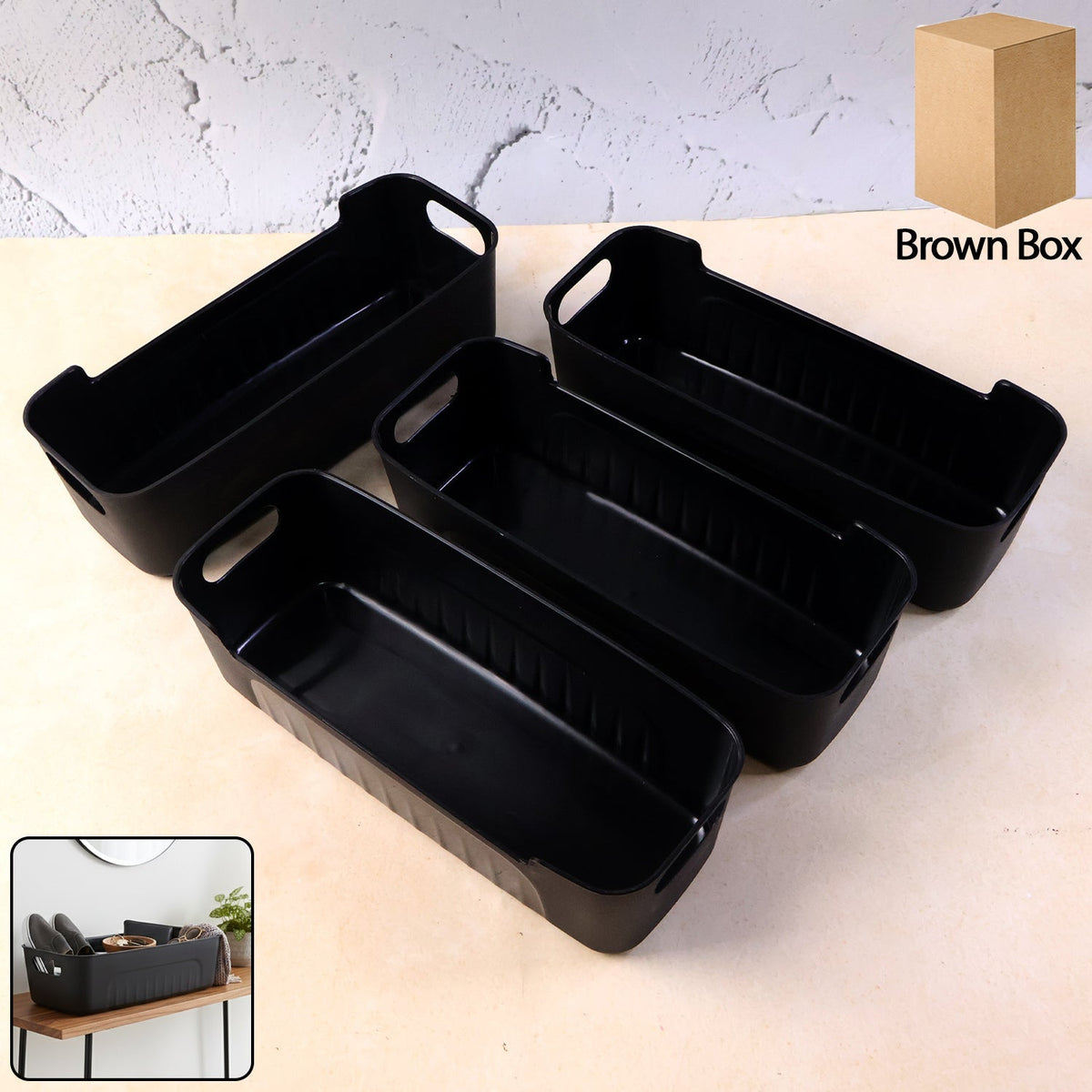 All-in-One Black Plastic Storage Basket Tray – 4-Piece
