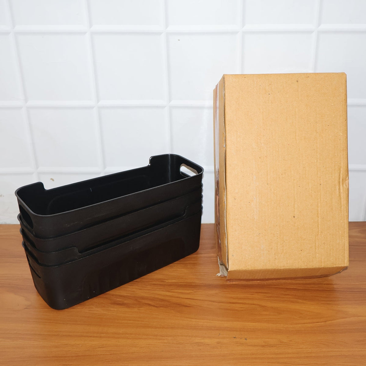 All-in-One Black Plastic Storage Basket Tray – 4-Piece