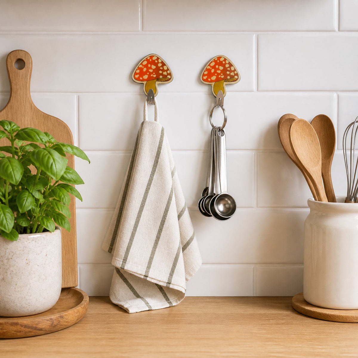 Another perspective of a mushroom shaped cartoon adhesive hook.