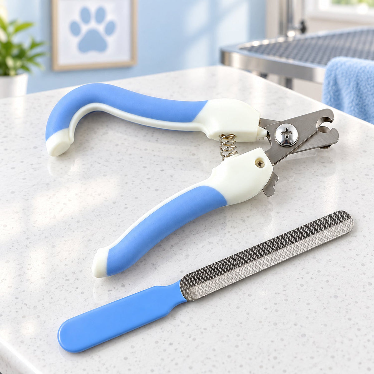 A blue and white pet nail clipper and a matching blue-handled file are displayed on a white speckled countertop.