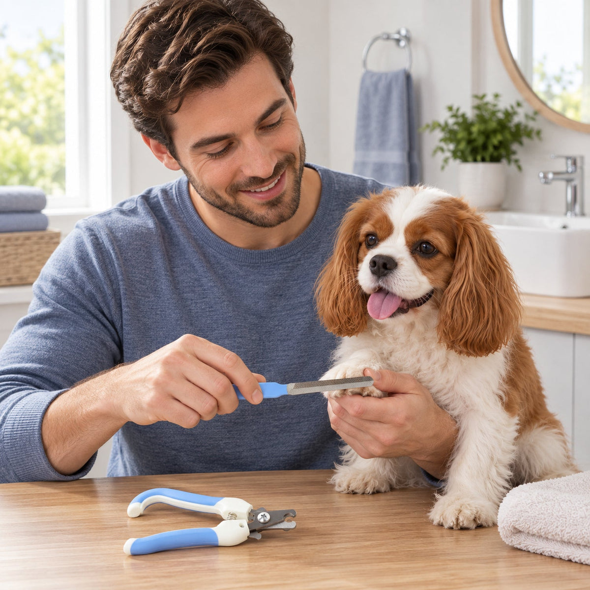 A man carefully files the nails of a small, fluffy brown and white dog on a wooden table, using a blue and silver file.