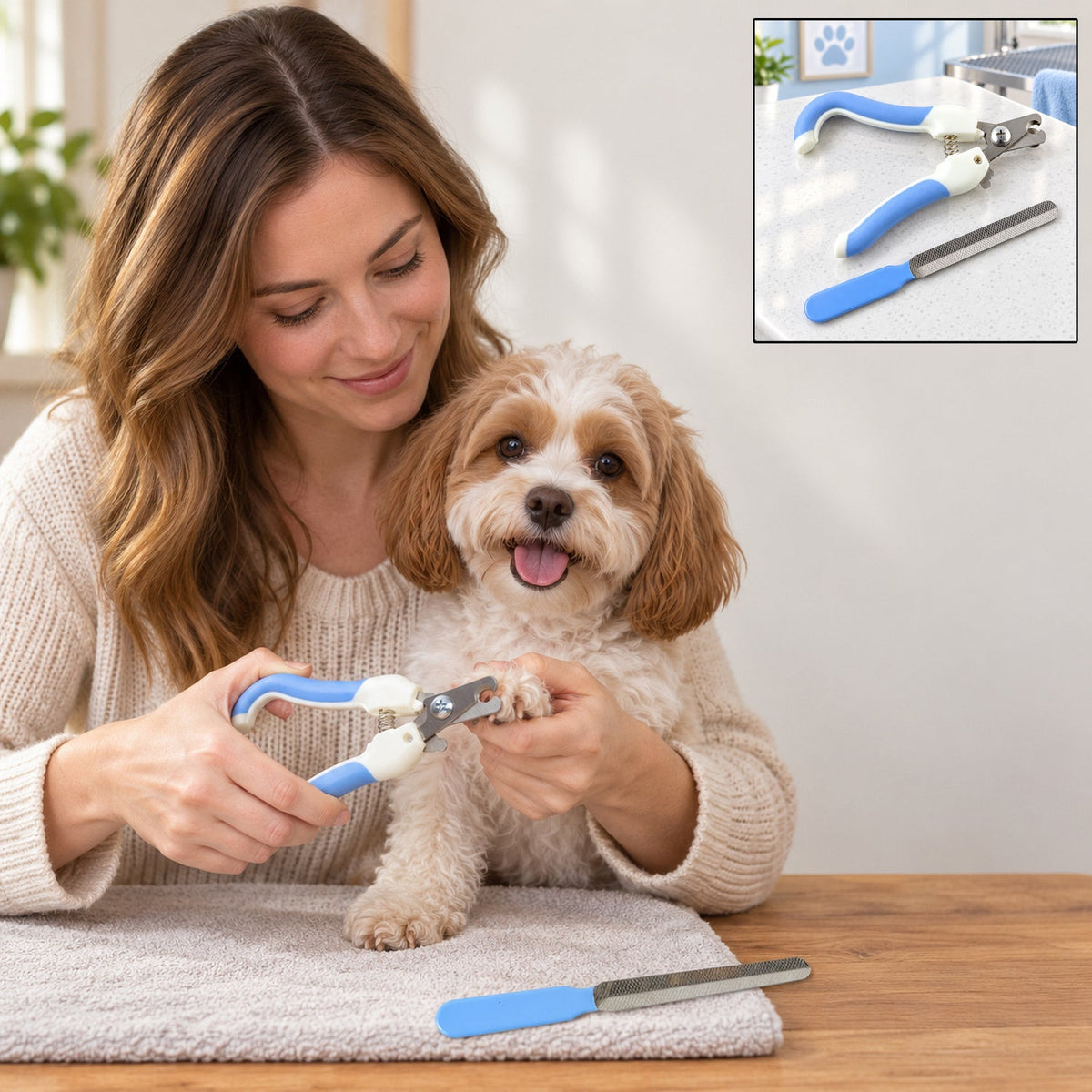 A woman gently clips a small dog's nails with blue and white clippers, a file and a gray towel are on the table.
