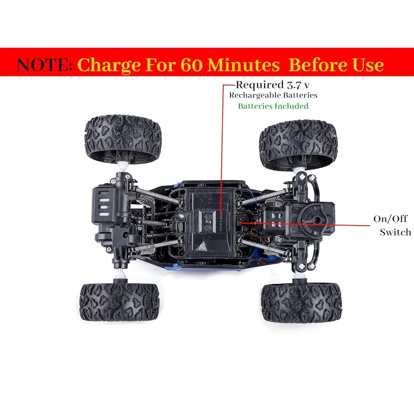 Spark Tots Rock Crawler RC Truck climbing over rough rocks with ease.