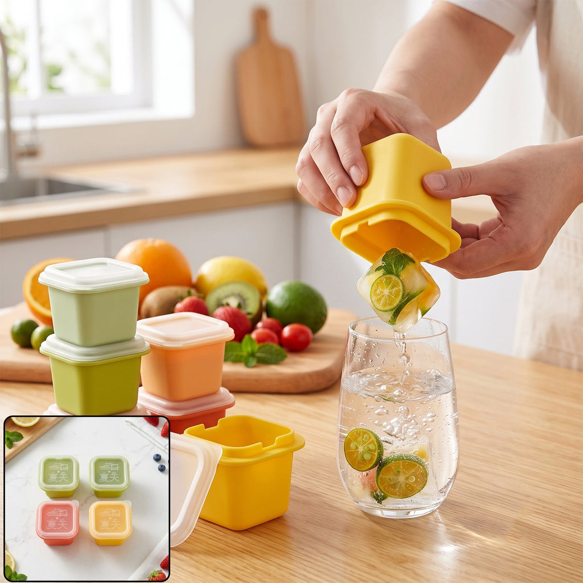 A person dispenses a citrus-infused ice cube from a yellow mold into a glass of water on a wooden counter, surrounded by