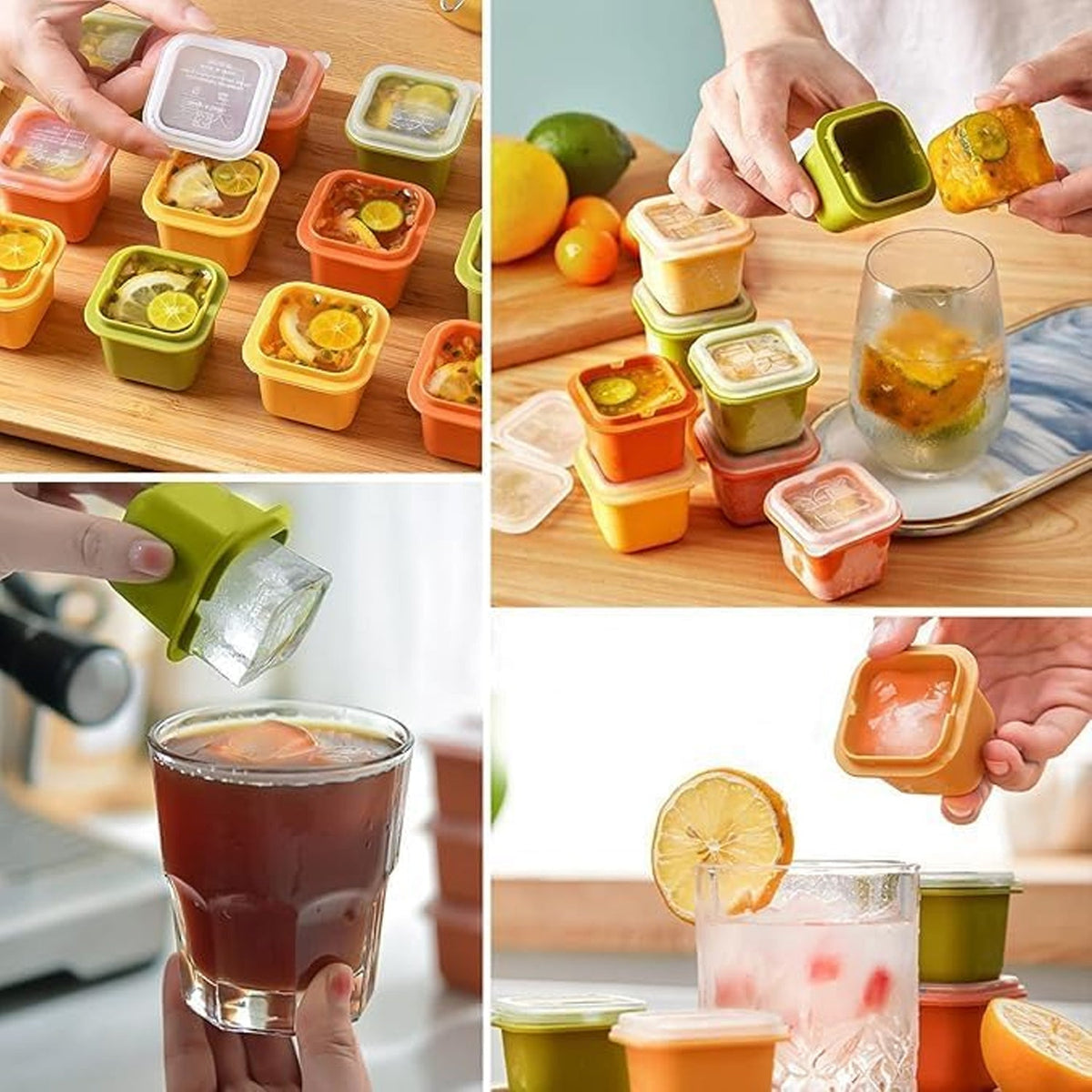 A four-panel collage shows various uses of the molds: filling with fruit, dispensing into drinks, and a close-up of a clear