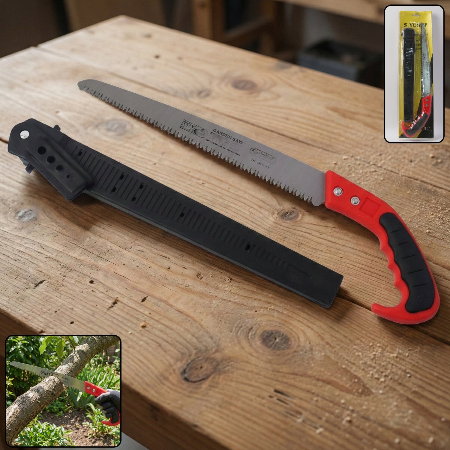 Heavy-duty 300mm garden pruning saw featuring a sharp serrated blade in protective sheath