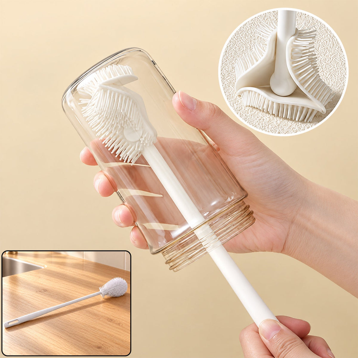 A hand holds a clear glass bottle being cleaned by a white silicone brush, with a close-up of the brush head.