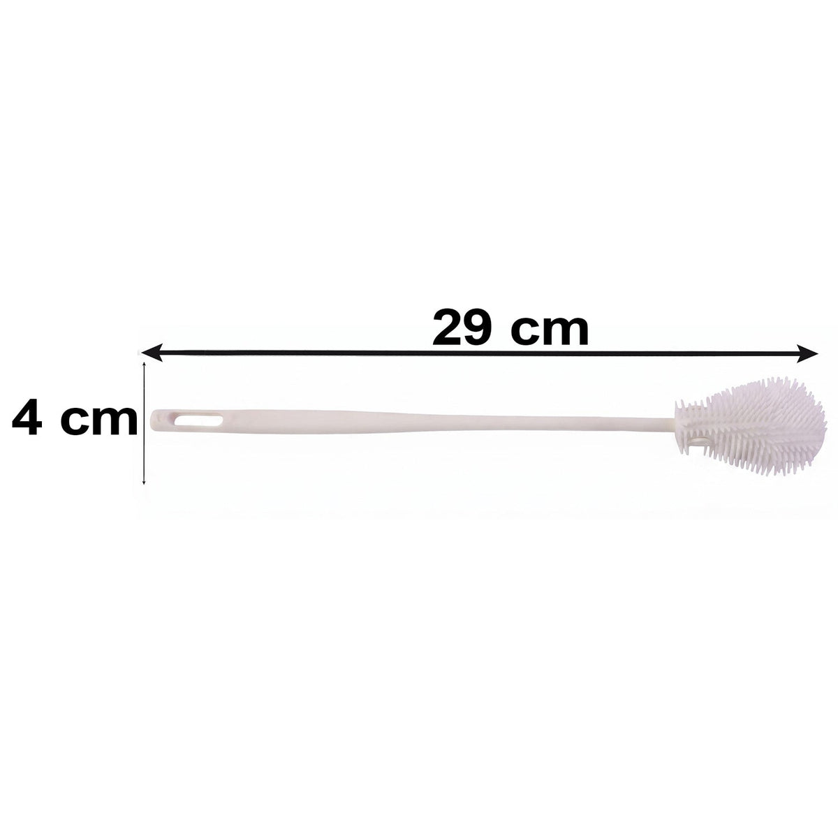 A long, white silicone bottle cleaning brush with dimensions of 29 cm length and 4 cm width on a white background.