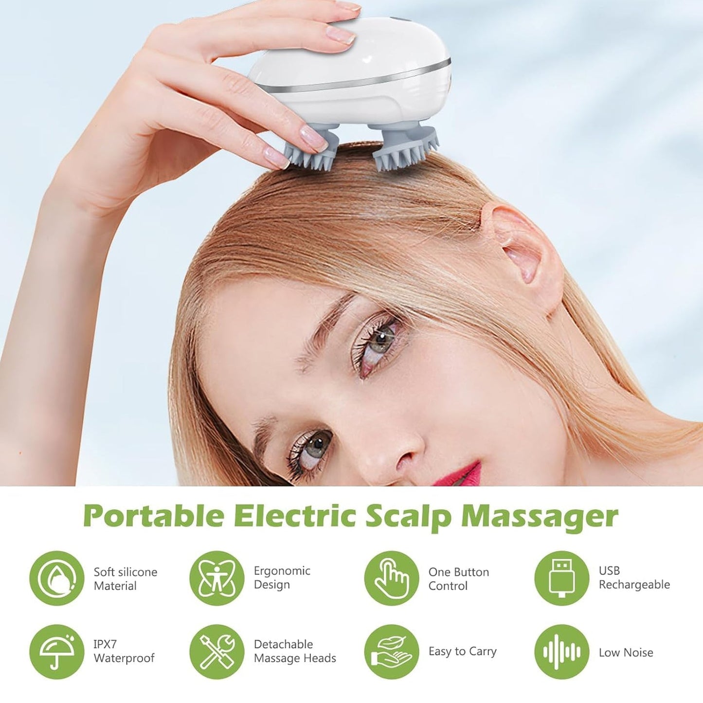 Electric Scalp Massager – Portable USB Rechargeable with 4 Heads
