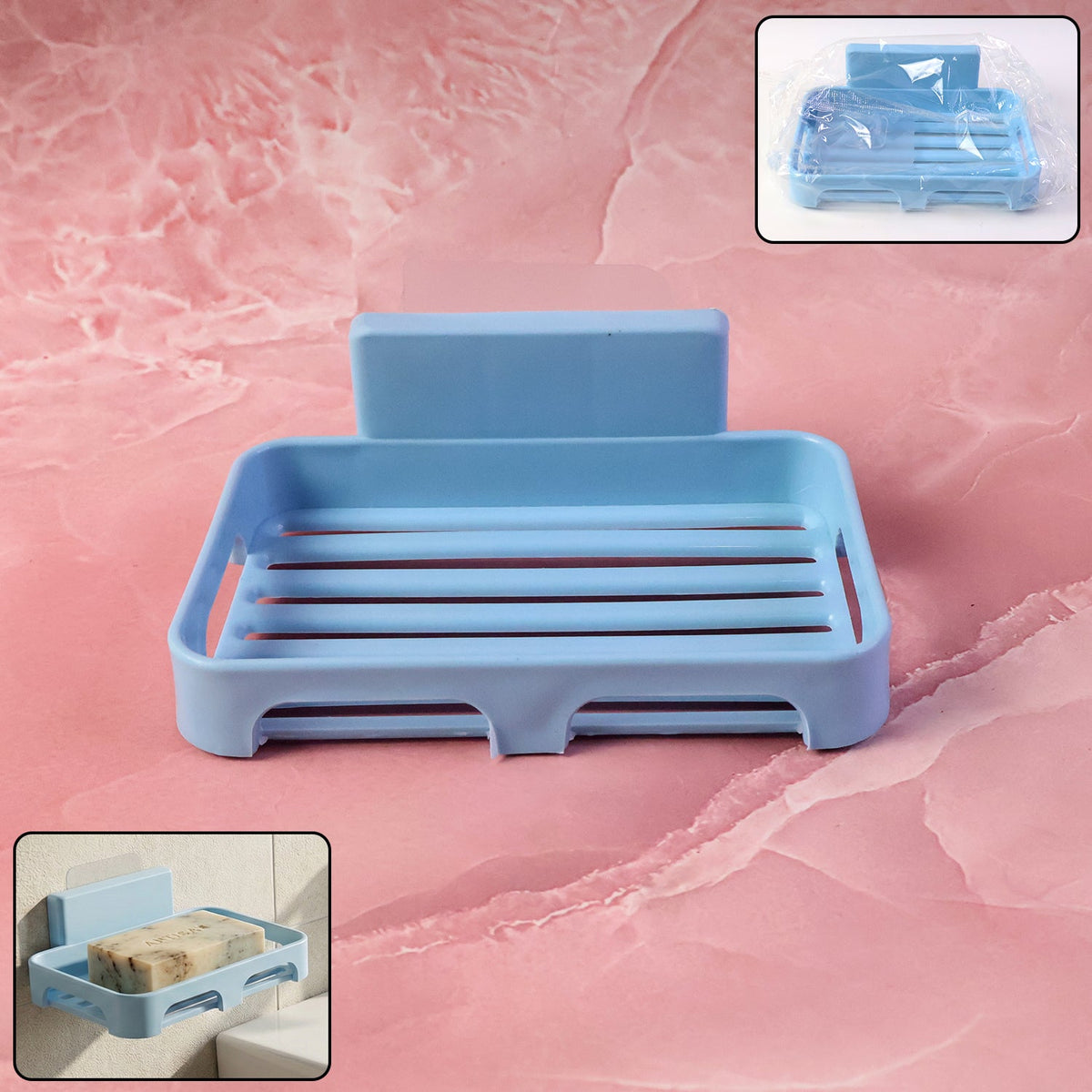 Light blue plastic soap dish on a pink marble background, with an inset showing the dish in packaging.