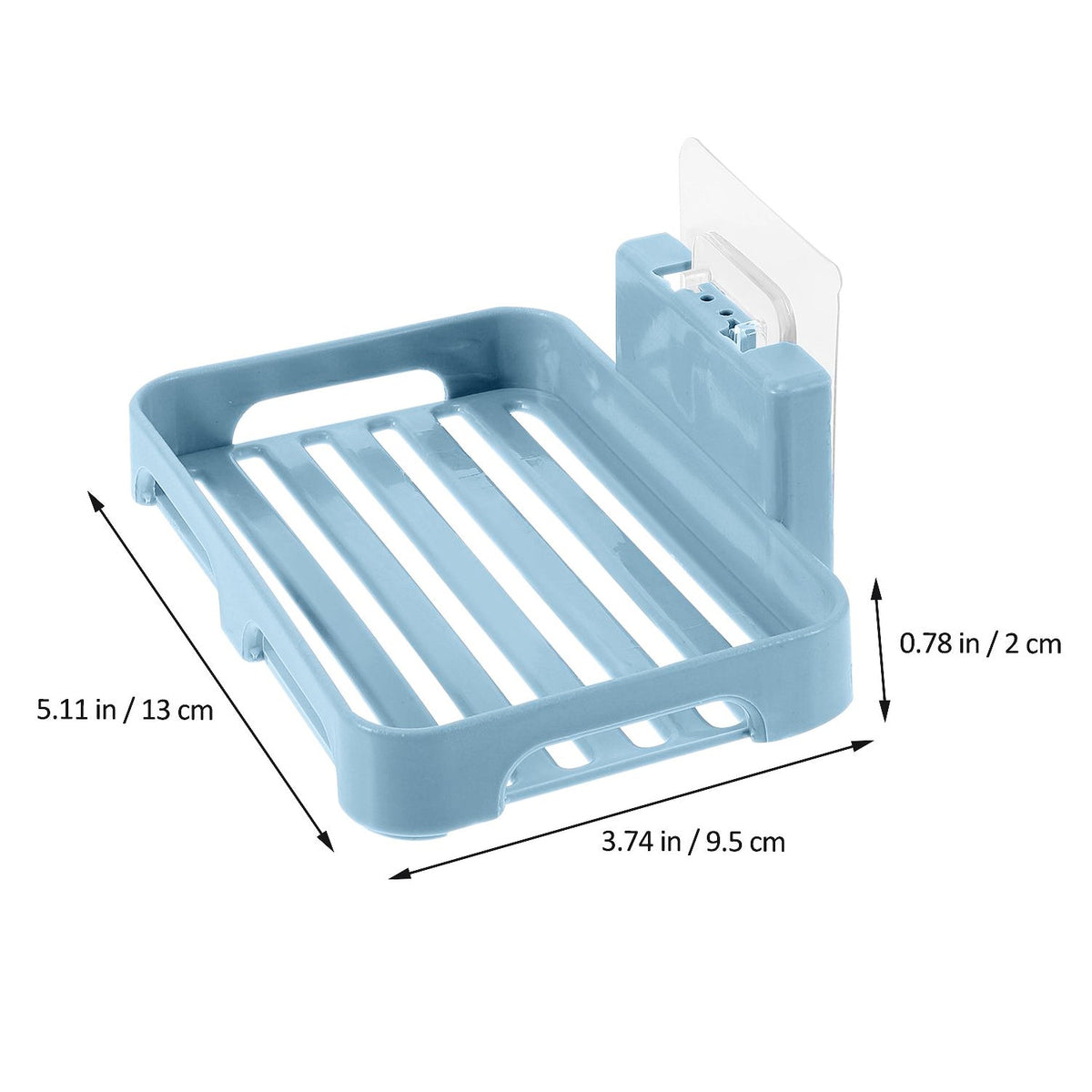 Light blue plastic soap dish with dimensions of 5.11 inches by 3.74 inches shown on a white background.