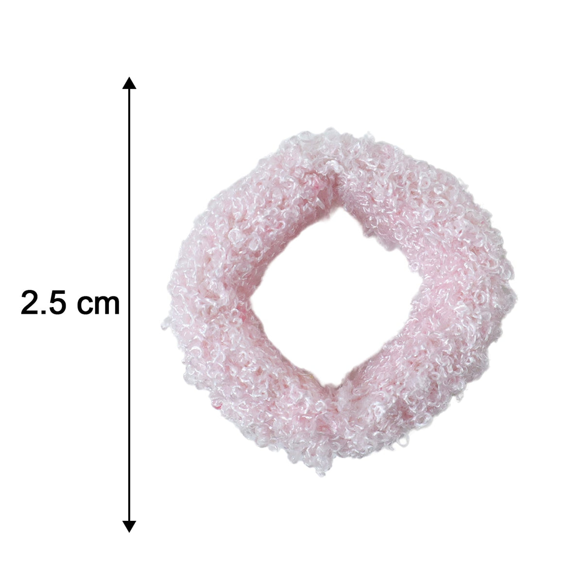 A single pink fluffy elastic hair band is shown with a 2.5 cm measurement indicator.