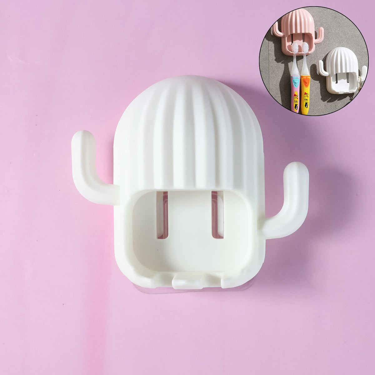 White cactus toothbrush holder on a light pink background, with a small inset showing other colors.