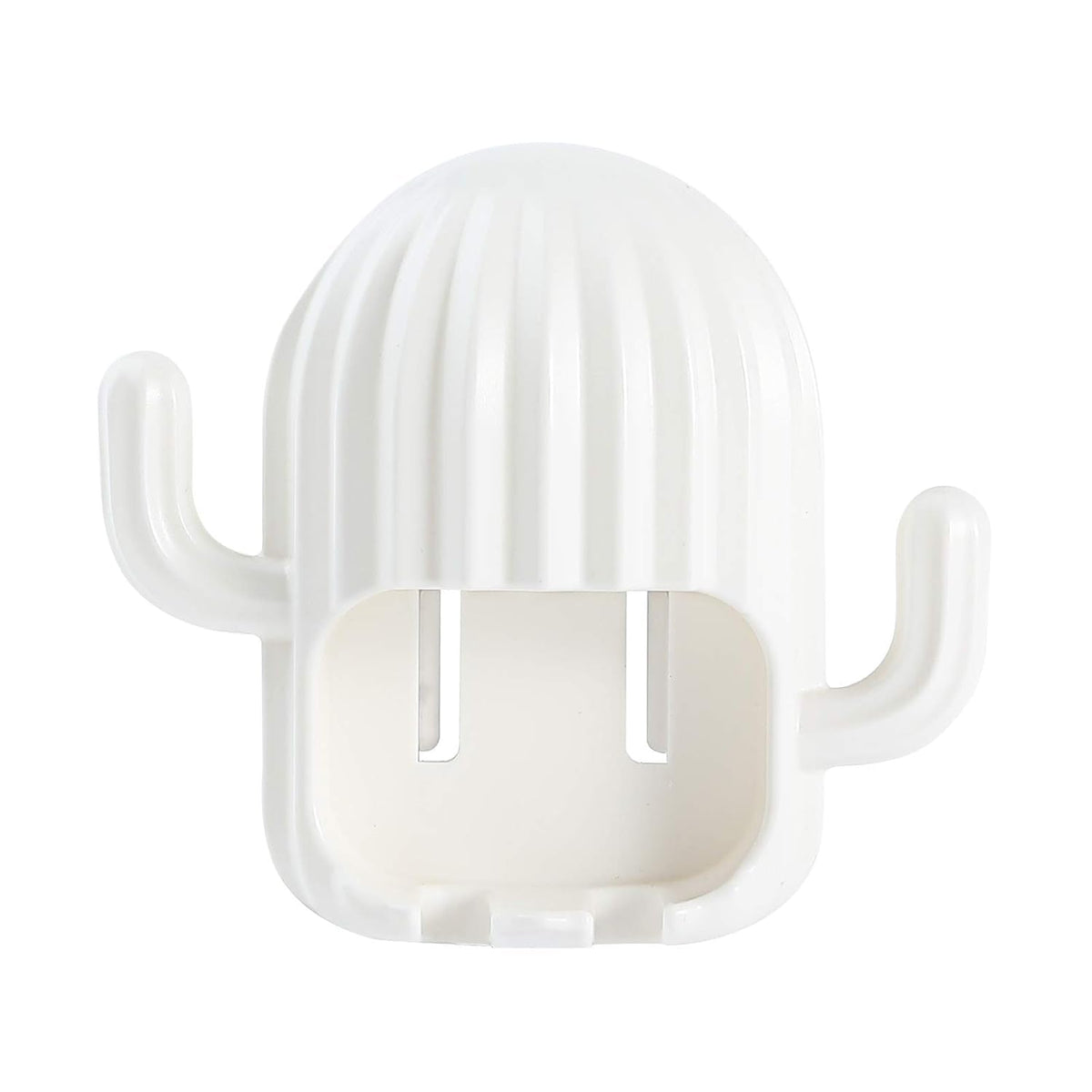 Front view of a white cactus-shaped toothbrush holder with two slots, isolated on a white background.