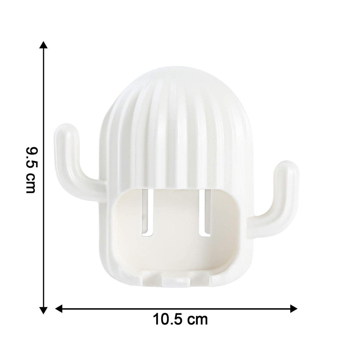 White cactus toothbrush holder with dimensions of 9.5 cm height and 10.5 cm width on a white background.