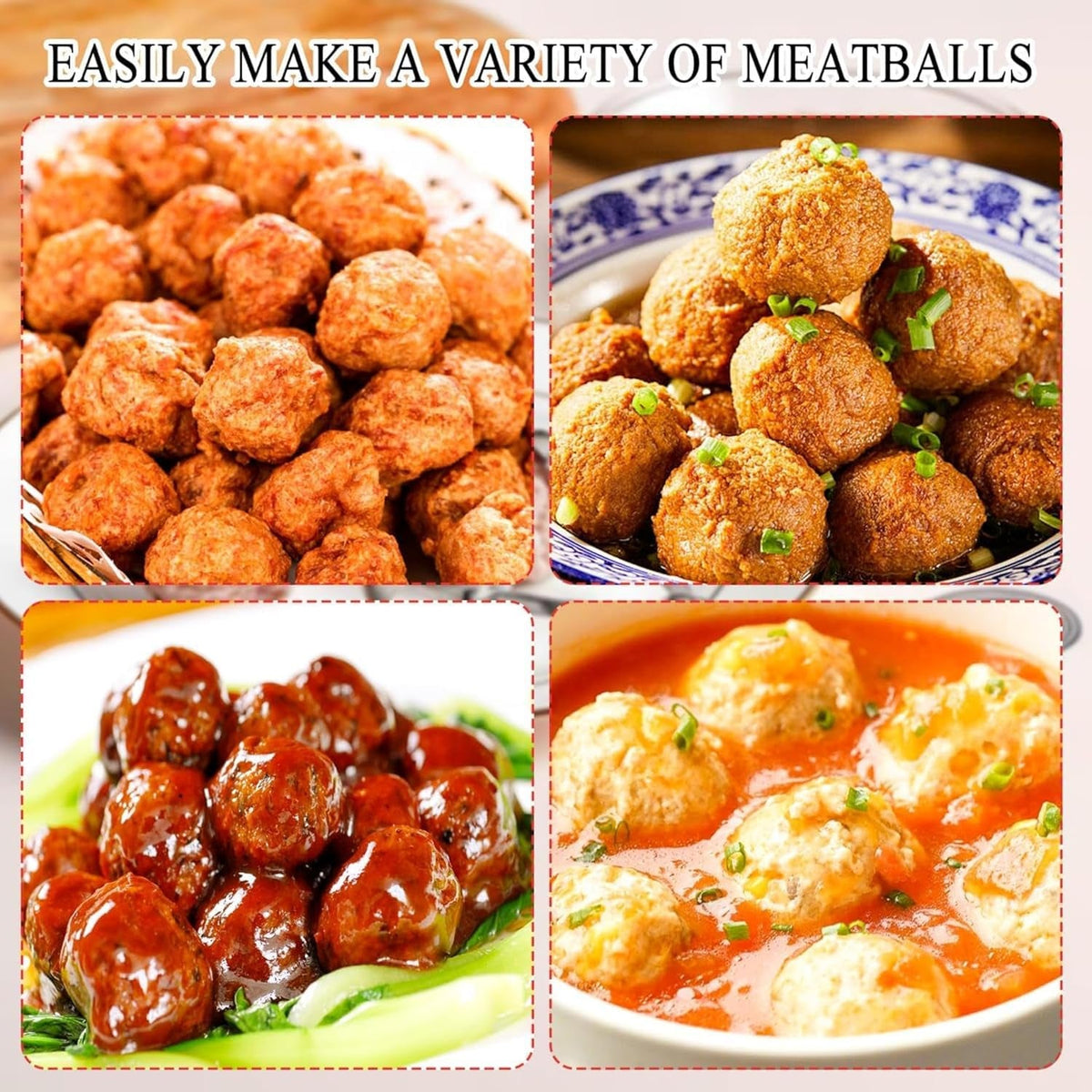 Four square images show different types of cooked meatballs, including fried, sauced, and in soup.