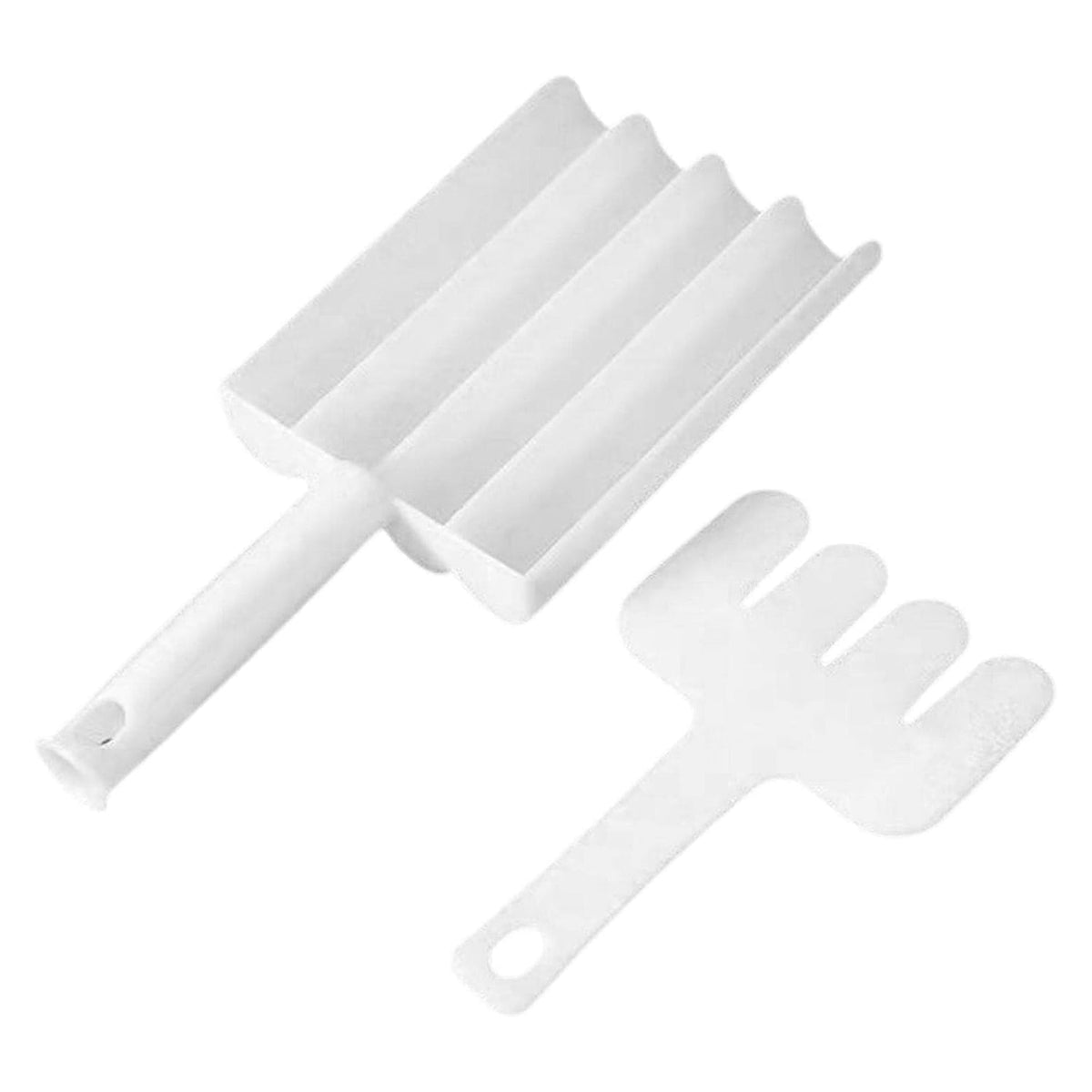 A white plastic meatball maker and a white plastic meatball shaper are shown on a plain white background.