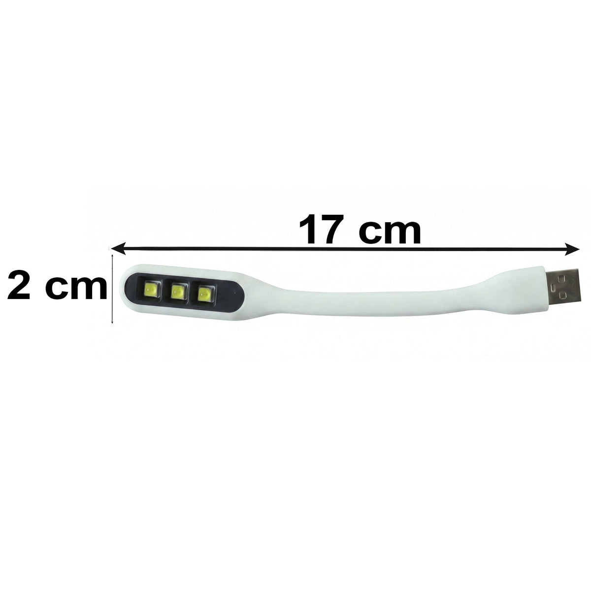 A white flexible USB LED light with three yellow LED bulbs and a USB-A connector, showing dimensions of 17 cm by 2 cm.