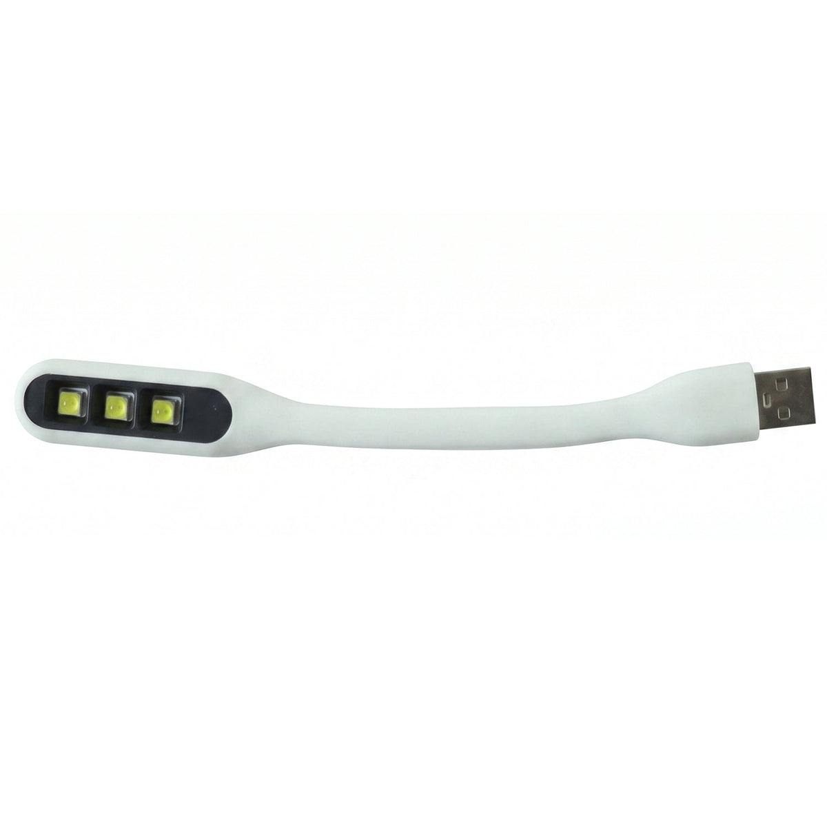 A white flexible USB LED light with three yellow LED bulbs and a USB-A connector on a white background.