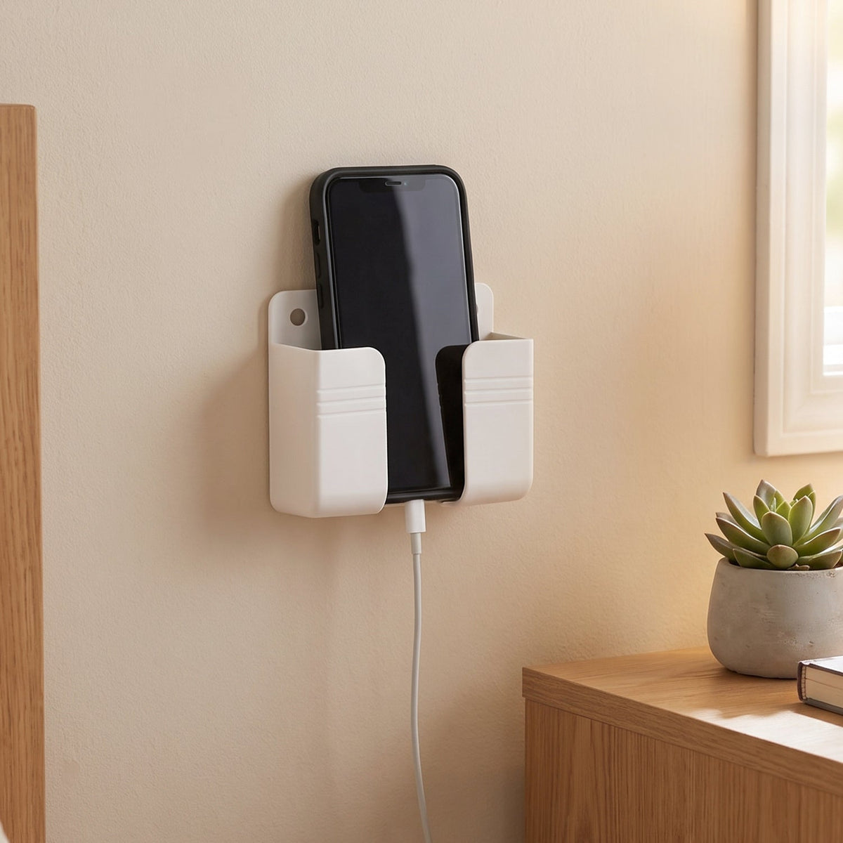 A white wall-mounted phone holder with a black smartphone charging, positioned on a light brown wall near a window.
