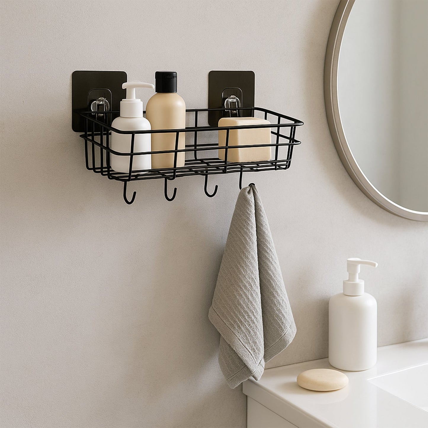 Stay Organized Self-Adhesive Wall Storage Baskets with Hooks