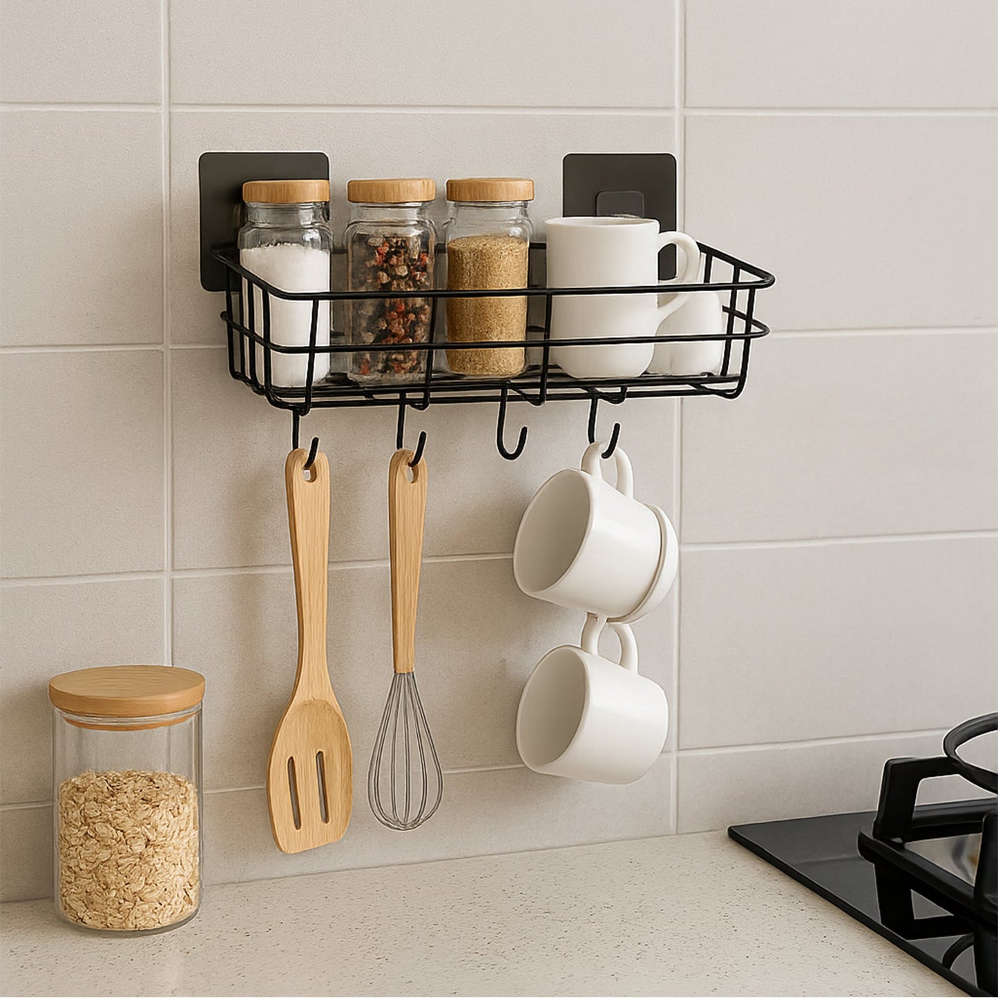 Stay Organized Self-Adhesive Wall Storage Baskets with Hooks