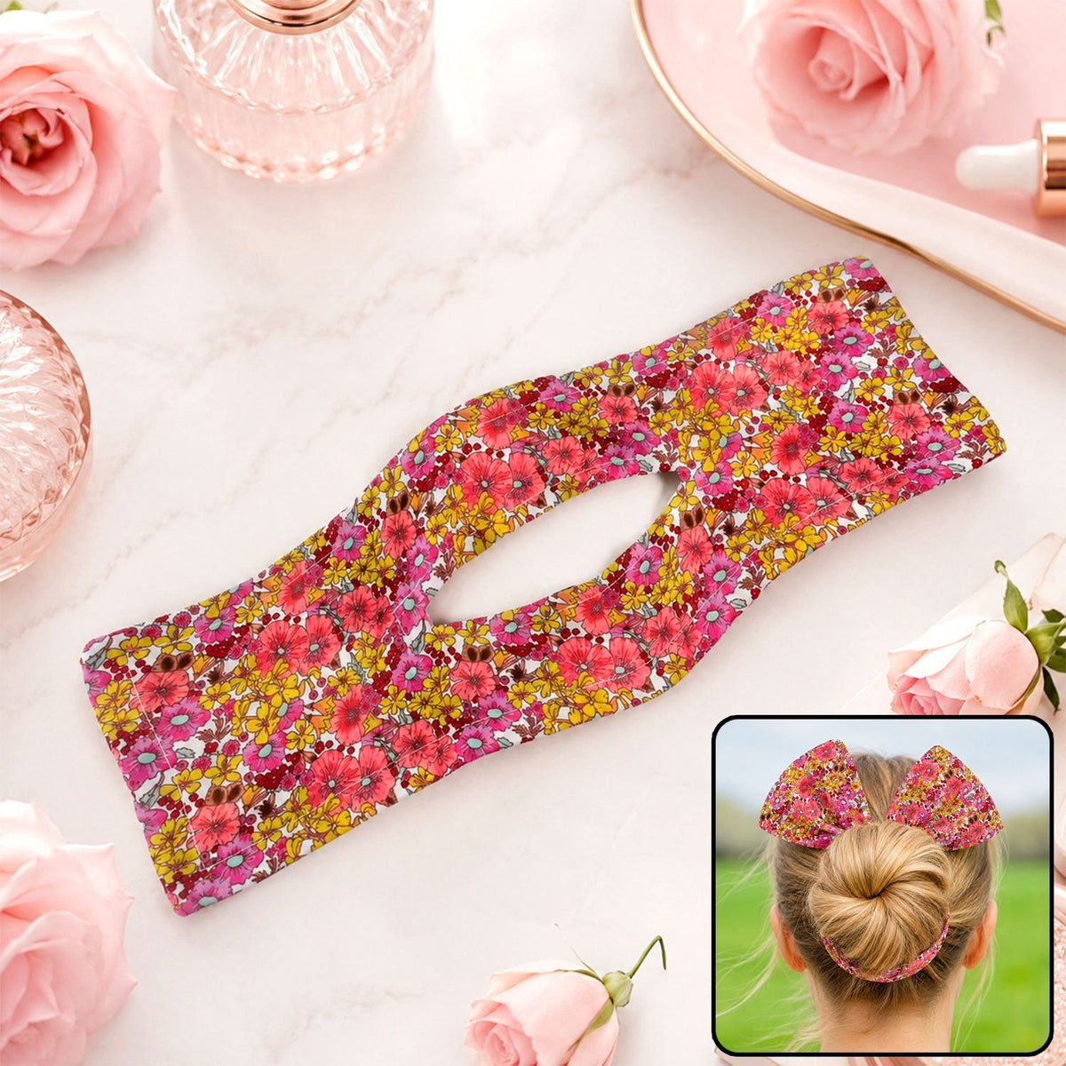 Pink and yellow knotted wire headband on a marble surface with pink roses and perfume bottles.