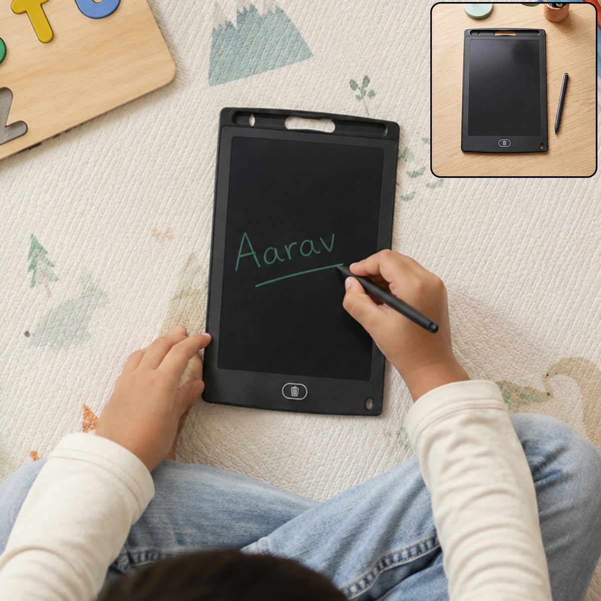 A child sits cross-legged on a patterned mat, writing "Aarav" in green on a black LCD tablet with stylus.