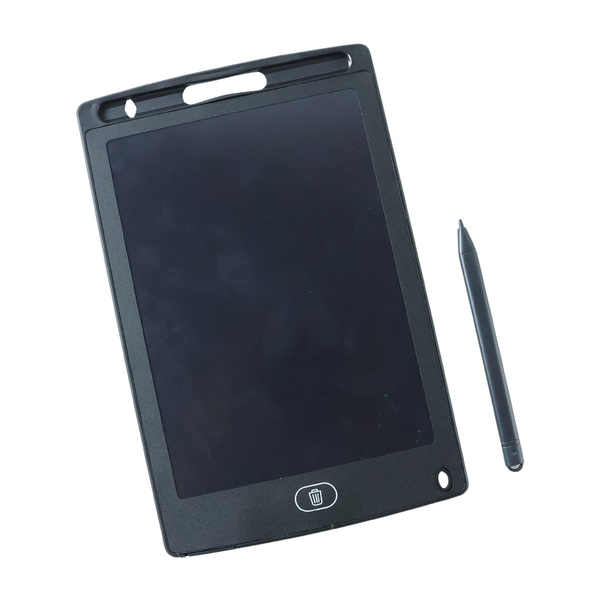 A black LCD writing tablet and its matching stylus are displayed on a plain white background.