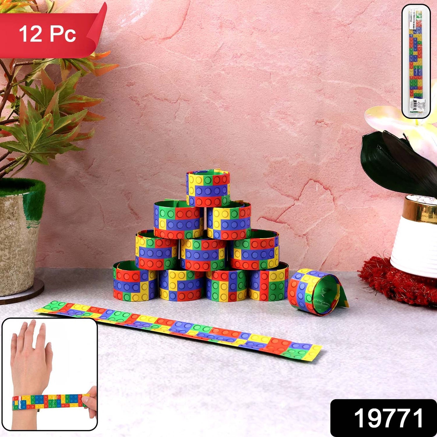 Child wearing a bright snap slap bracelet toy for playtime